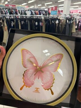 CHANEL Pink and Gold Butterfly Wall Clock